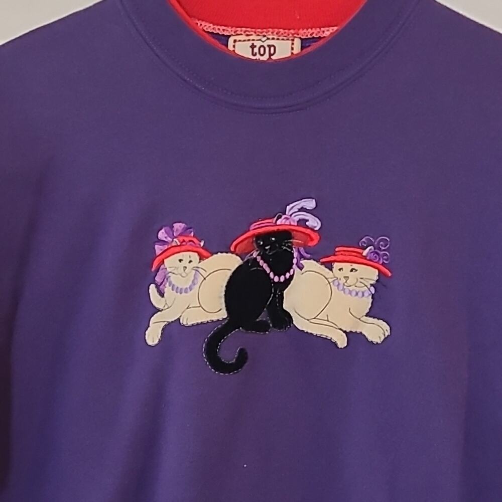 Vtg Red Hat Society Cats Embroidered Purple Crew Neck Sweatshirt Size Large